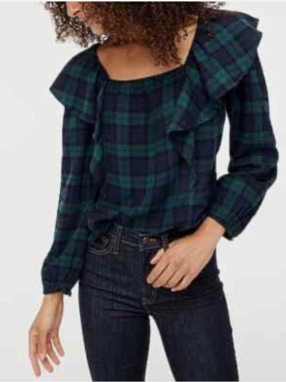 J Crew Flannel Squareneck Ruffle Top in Blackwatch Green Navy Black Plaid XL NWT
